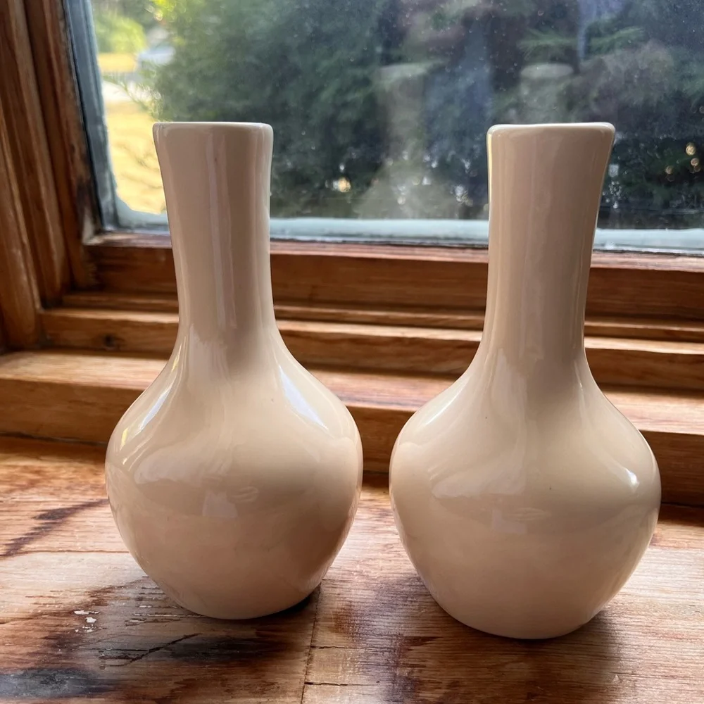 Vintage Beige Cream Ceramic Vases Set of 2 Matching Bud Vases Mod MCM Retro